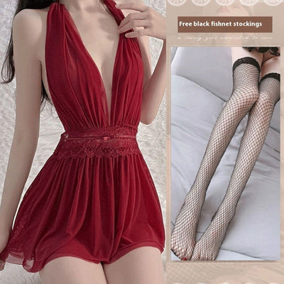 French Mesh Backless Halter Sexy And Breathable Nightdress For Women null