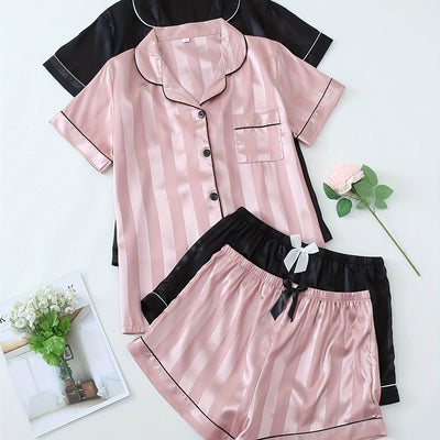 2 Sets Of Luxurious Women's Striped Satin Casual Pajama null